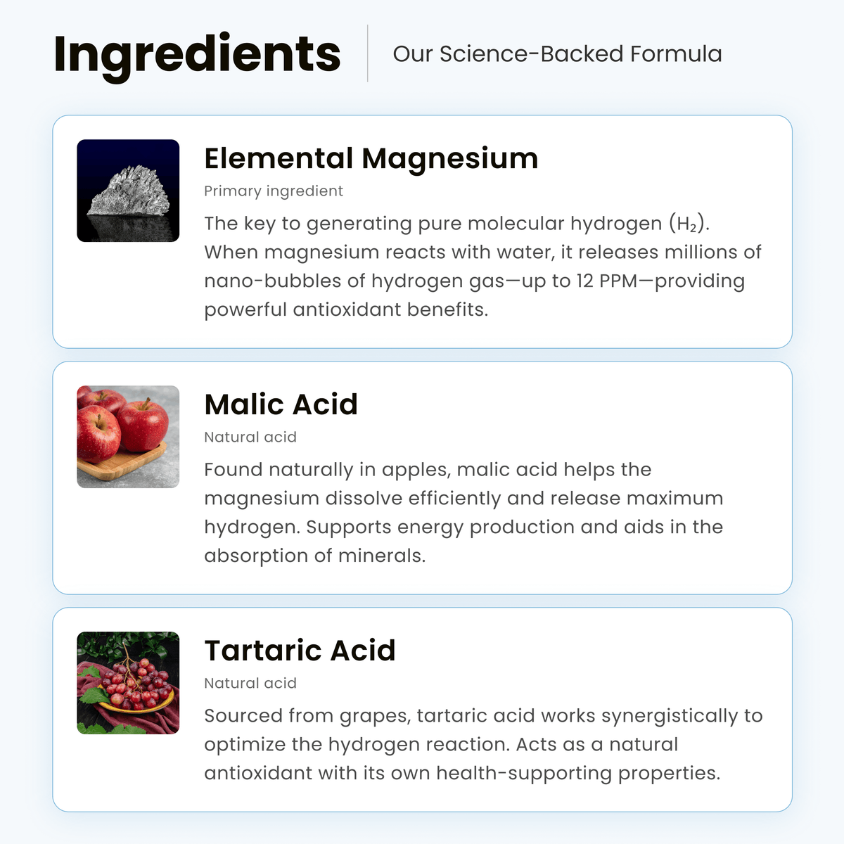 Hydroh Molecular Hydrogen tablets pouch with fresh apples and grapes